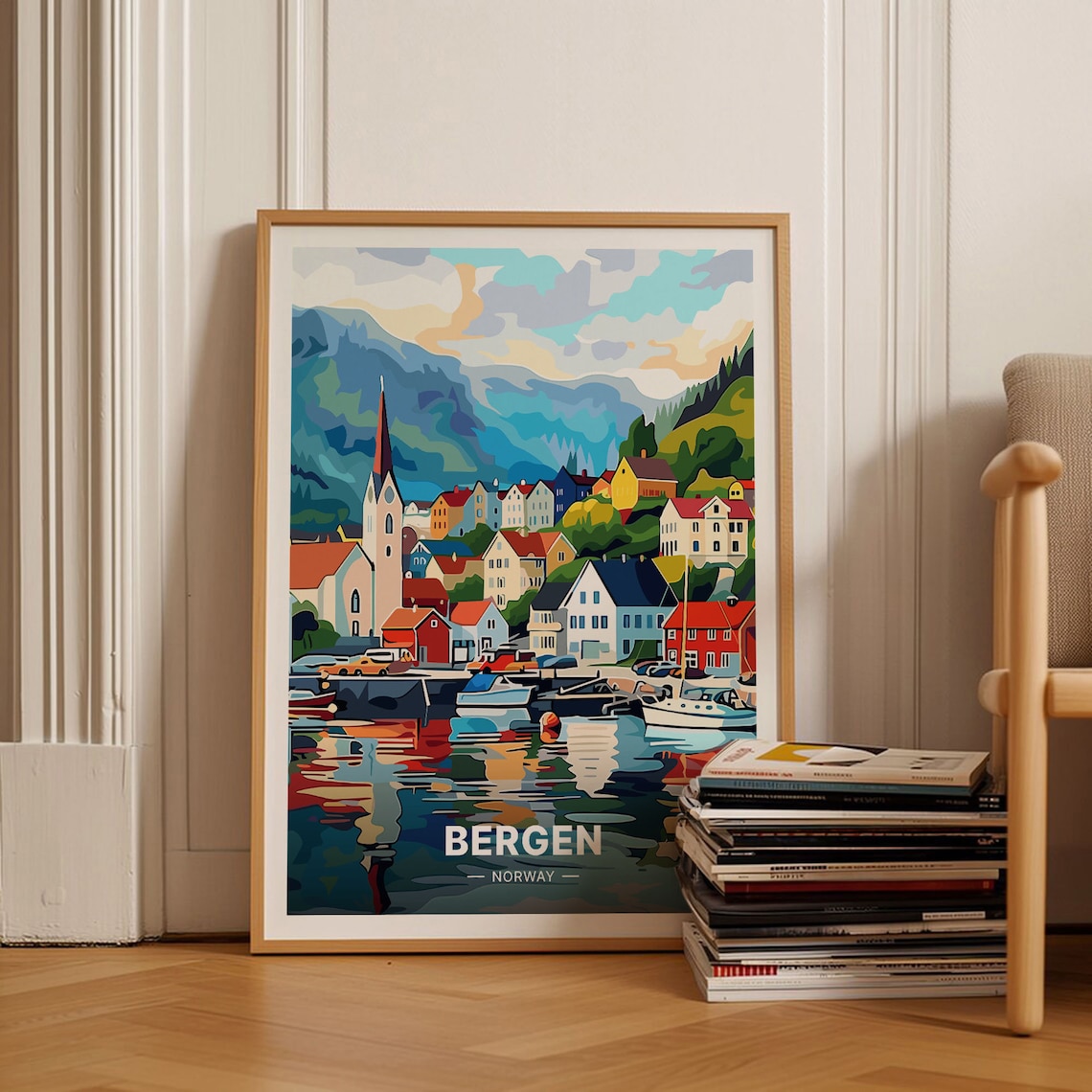 Bergen Norway Harbor Church Spire Fjord Mountains Travel Poster