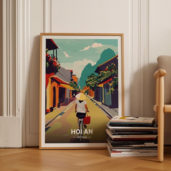 Hoi An Vietnam Old Town Street Cyclist Colorful Vintage Travel Poster