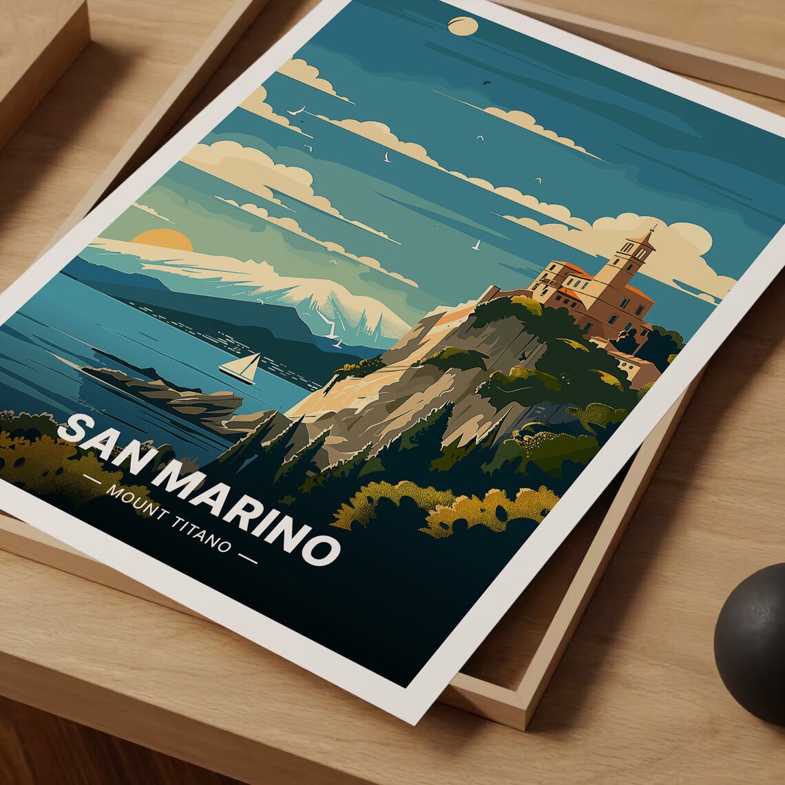 San Marino Mount Titano Cliff Fortress Sailboat Vintage Travel Poster - Image 3