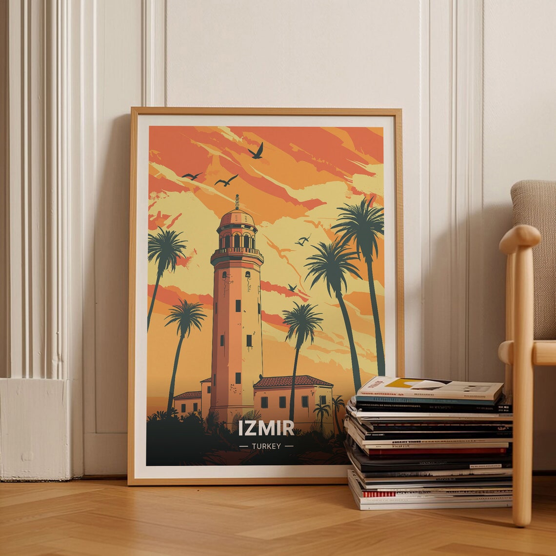 Izmir Turkey Historic Tower Sunset Palms Vintage Travel Poster