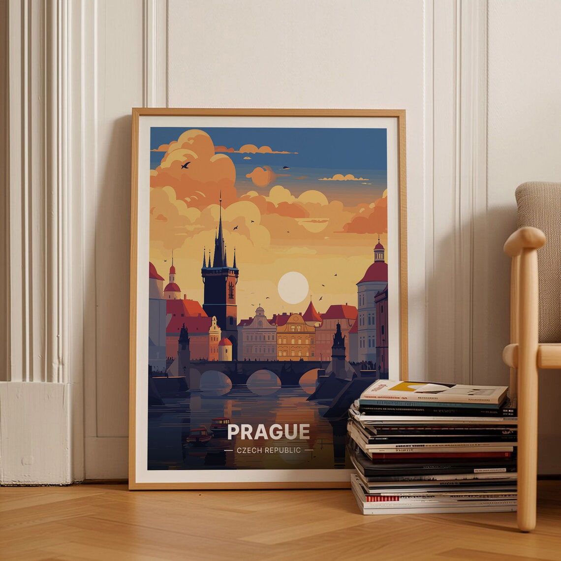 Prague Czech Republic Charles Bridge Sunset Old Town Travel Poster