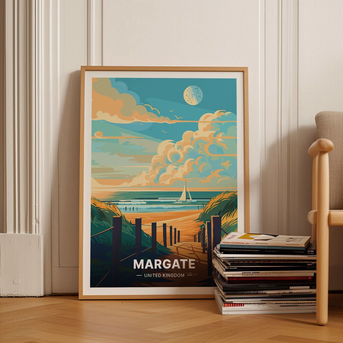 Margate United Kingdom Moonlit Beach Dune Path Sailboat Poster
