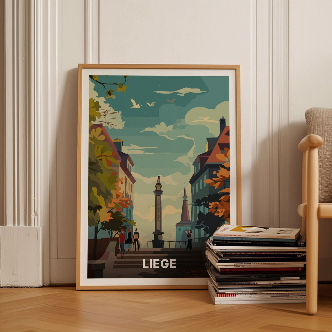 Liege Belgium Old Town Column Monument Riverside Vintage Travel Poster