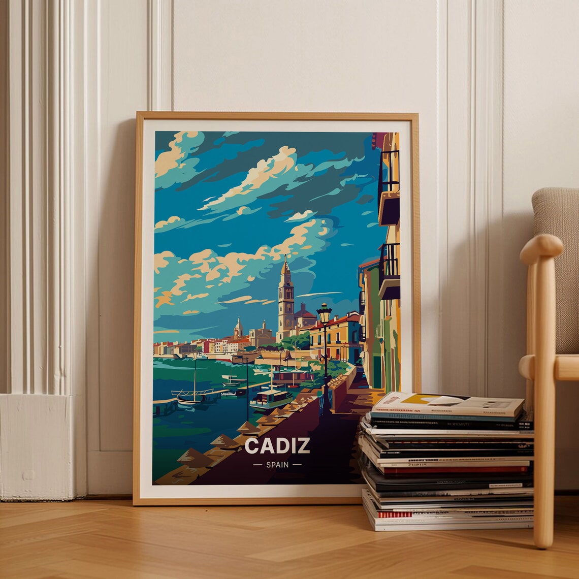 Cadiz Spain Harbor Waterfront Bell Tower Coastal Travel Poster