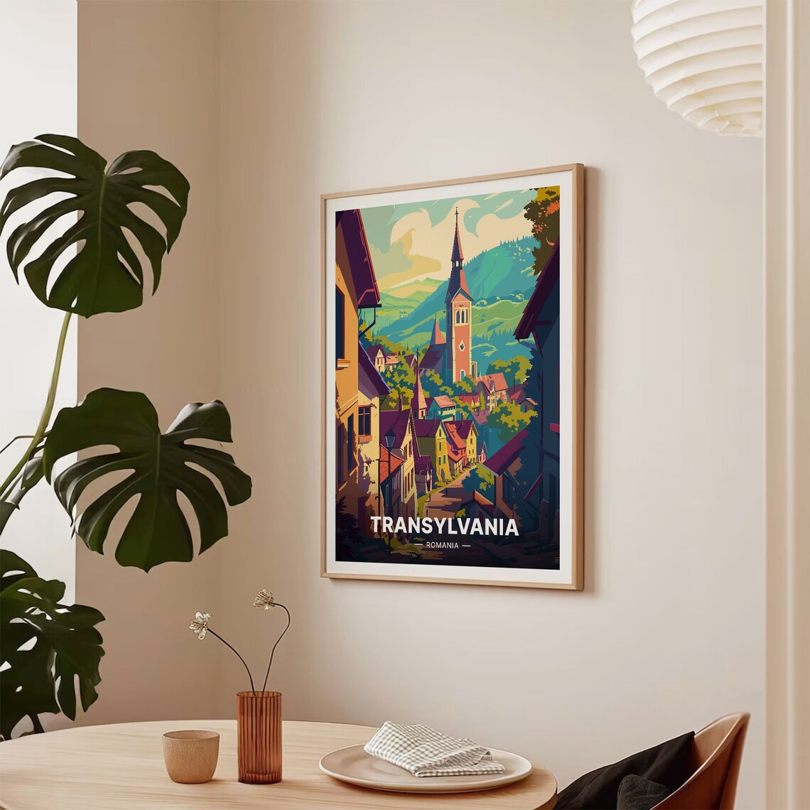 Transylvania Romania Travel Poster Village Church Spire Hills Art - Image 2
