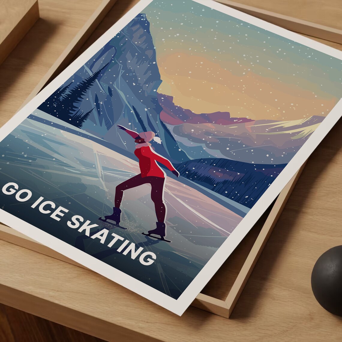 Go Ice Skating Poster Frozen Alpine Lake Sunset Winter Sports Art - Image 3