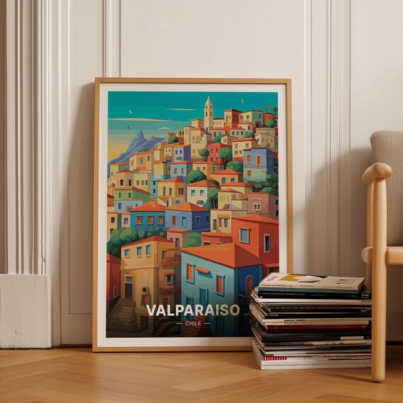 Valparaiso Chile Vintage Travel Poster Colorful Hillside Houses Art