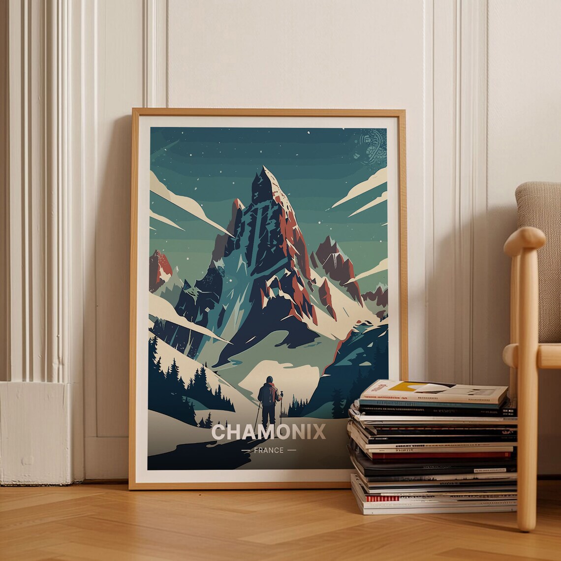 Chamonix France Travel Poster Alpine Peak Skier Night Snow Art