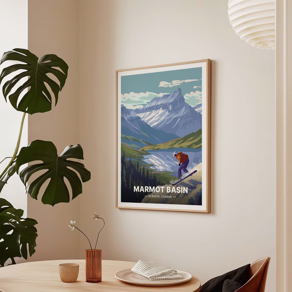 Marmot Basin Alberta Poster Snowboarder Mountain Lake Retro Art - Image 2