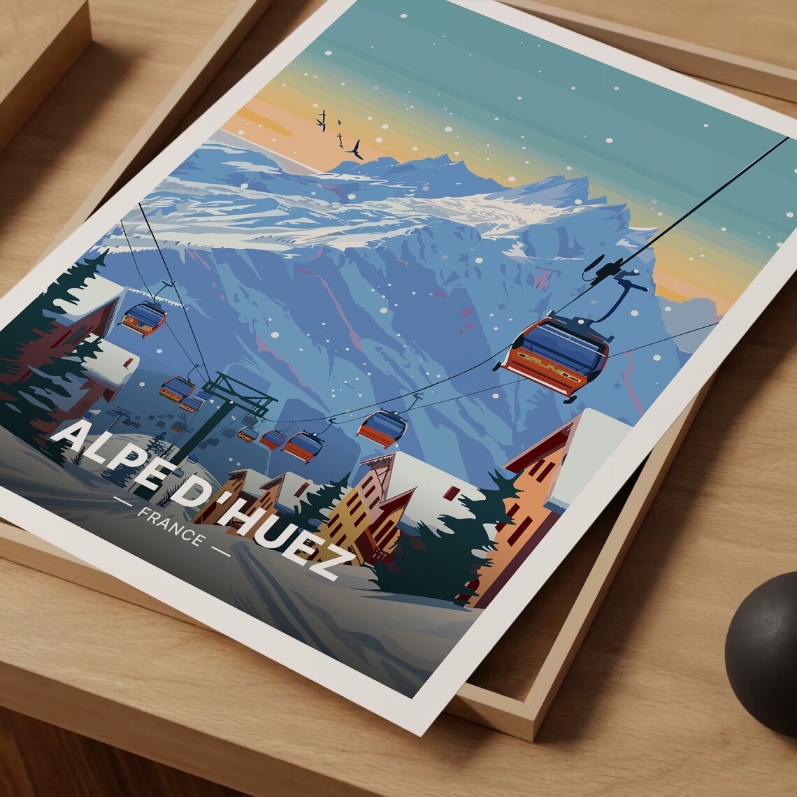 Alpe dHuez France Vintage Travel Poster Ski Resort Gondola Winter Art - Image 3