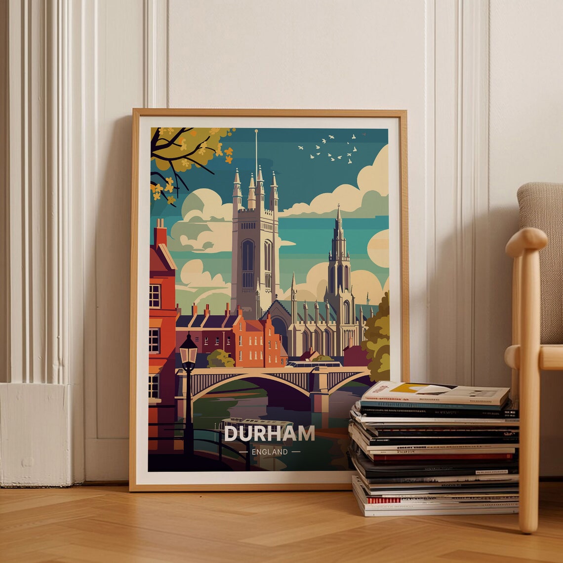 Durham Cathedral Vintage River Bridge England Cityscape Poster