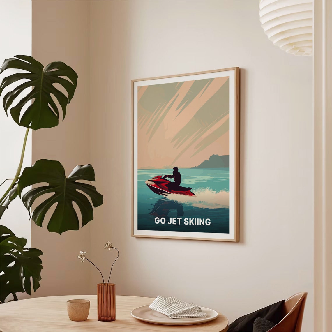 Go Jet Skiing Poster Red Jet Ski Rider Sunset Waves Retro Sport Art - Image 2
