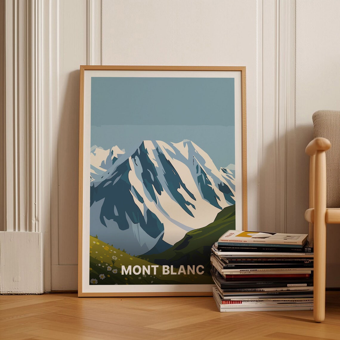 Mont Blanc Snow Capped Alpine Peaks Meadow Flowers Scene Poster