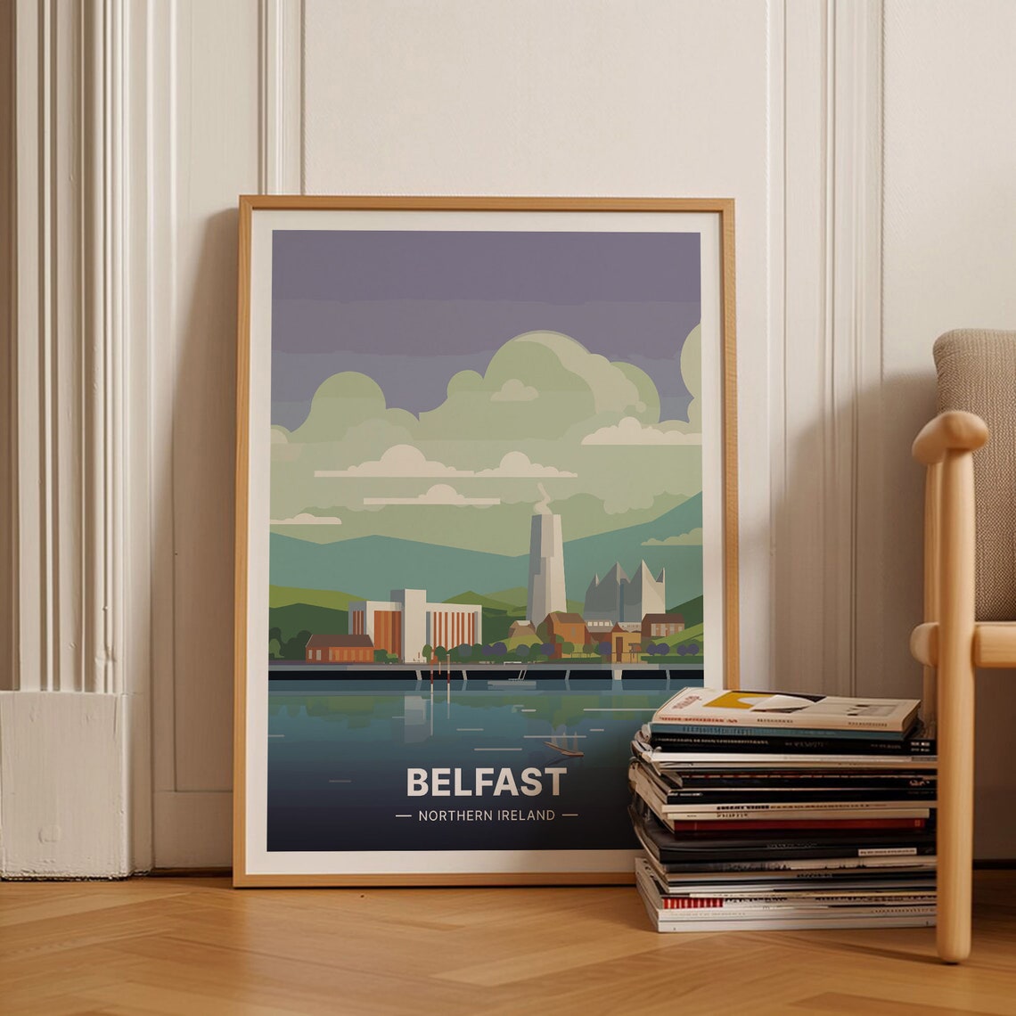 Belfast Northern Ireland Riverfront Skyline Hills Travel Poster