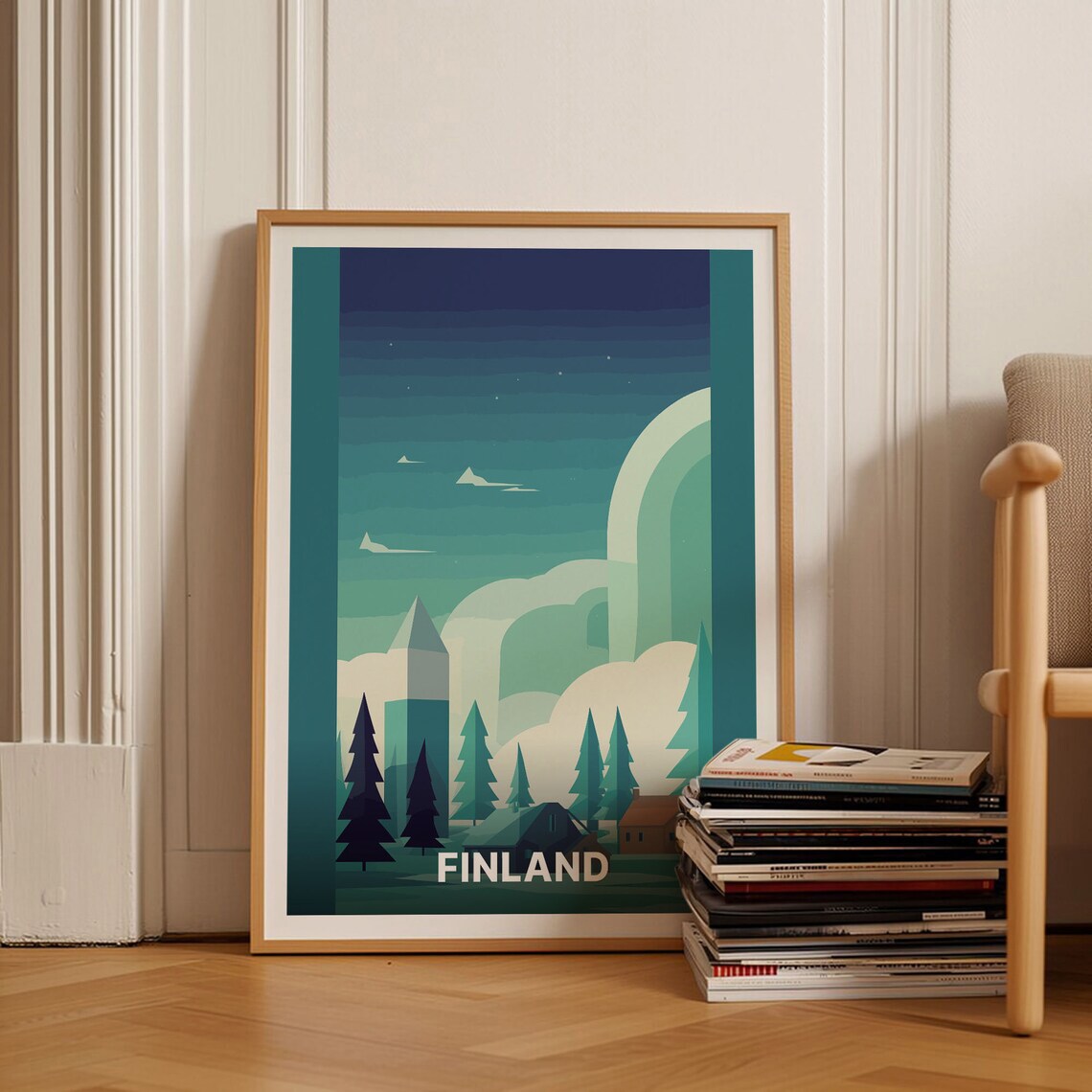 Finland Lapland Northern Lights Snowy Pines Night Travel Poster