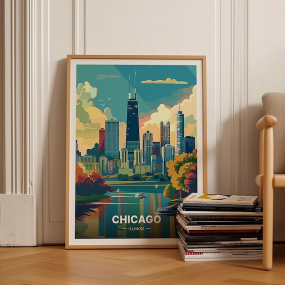 Chicago Skyline Travel Poster, Illinois Cityscape Art Print