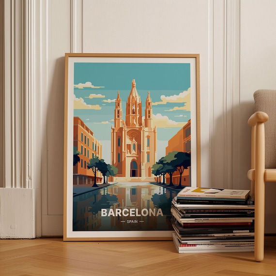 Barcelona Spain Cathedral Spires Canal Reflection Travel Poster