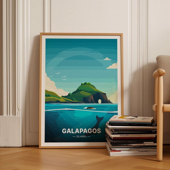 Galapagos Islands Travel Poster Whale Tail Turtle Tropical Ocean Art