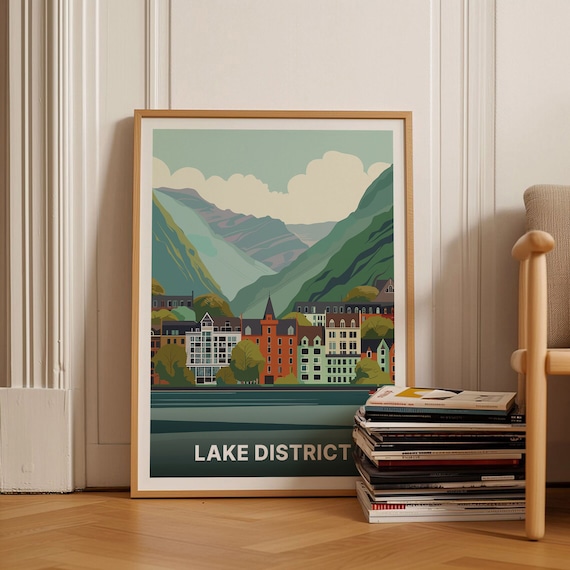 Lake District England Vintage Travel Poster Lakeside Town Mountain Art