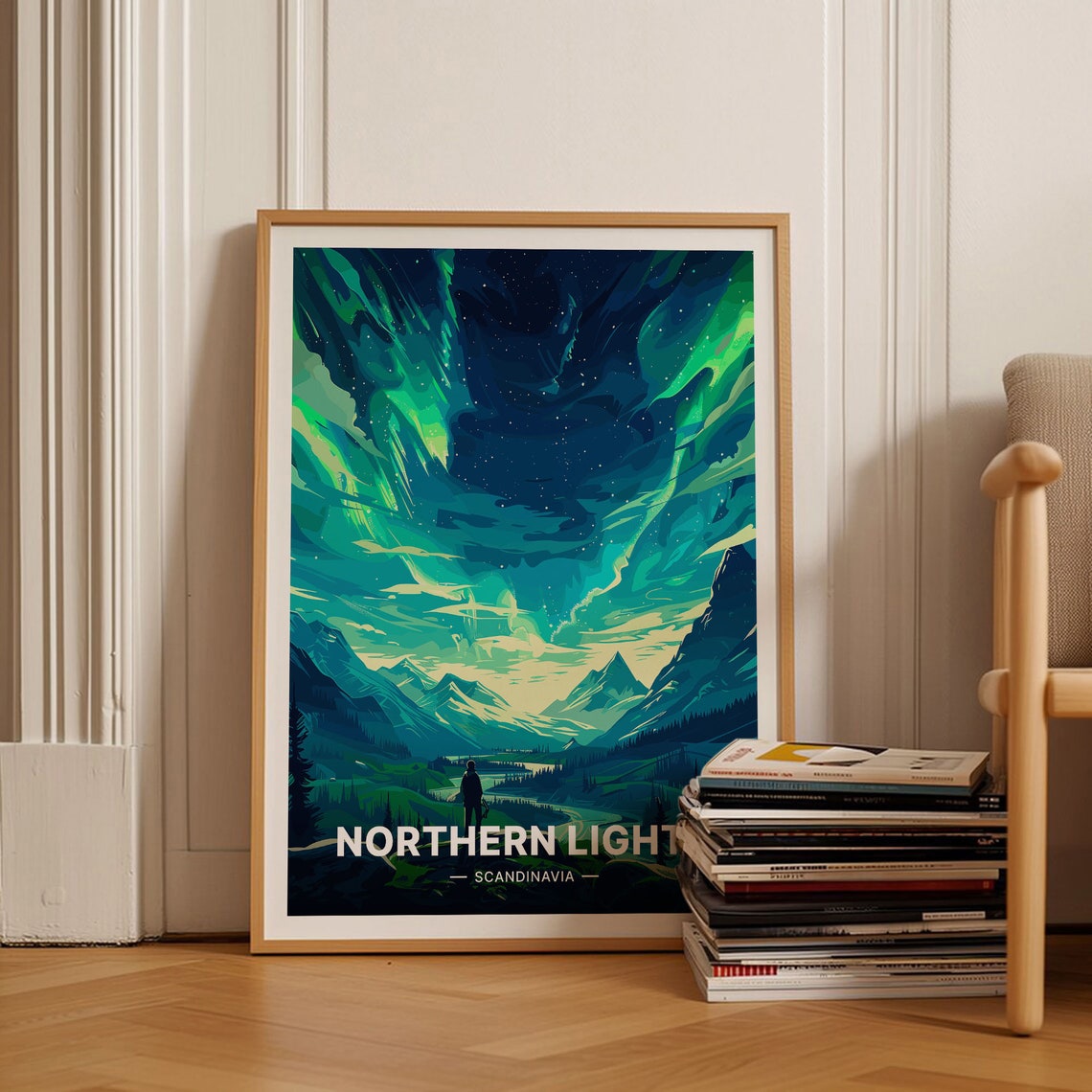 Northern Lights Poster Scandinavia Aurora Mountain Night Sky Art