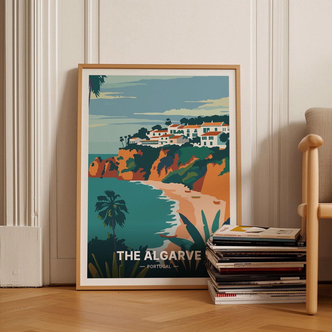 The Algarve Portugal Travel Poster Beach Cliffs Village Palm Coast Art