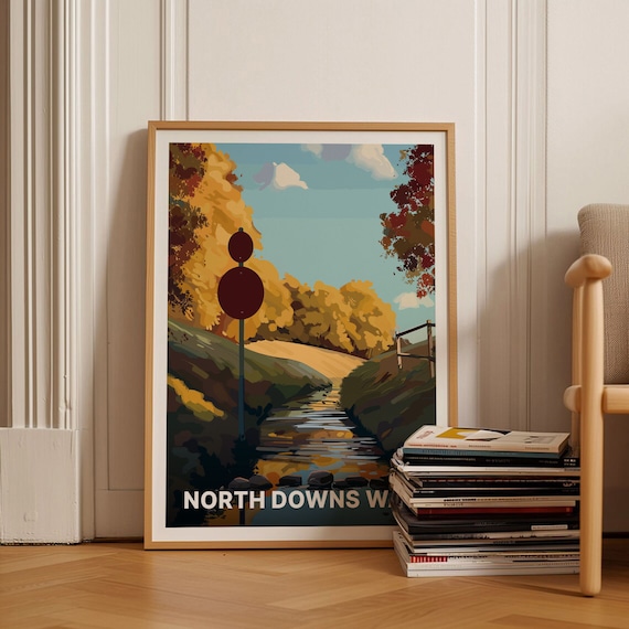 North Downs Way Autumn Stream Signpost Vintage English Trail Poster
