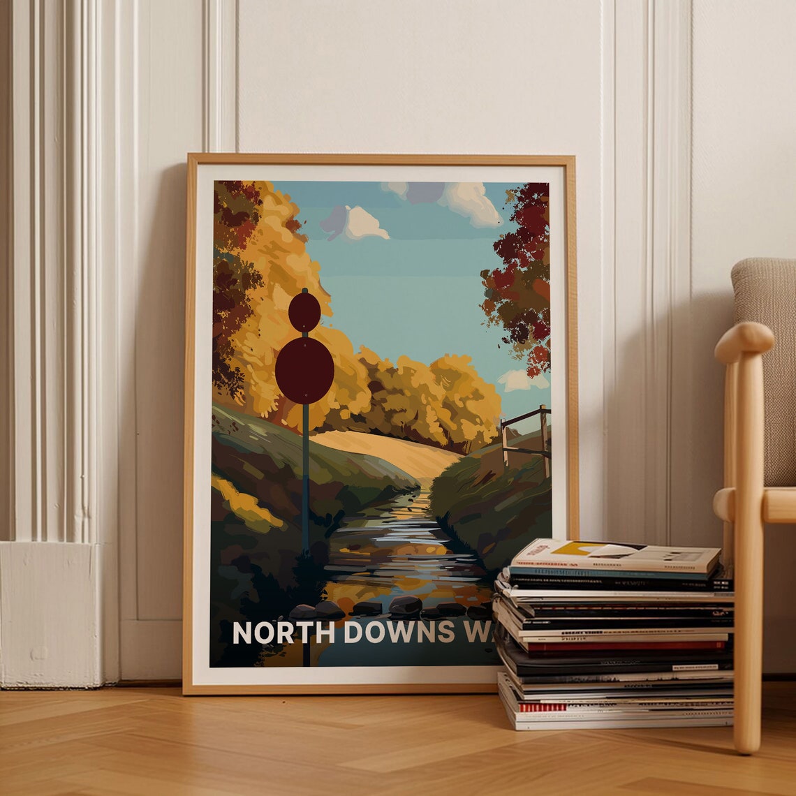 North Downs Way Autumn Stream Signpost Vintage English Trail Poster