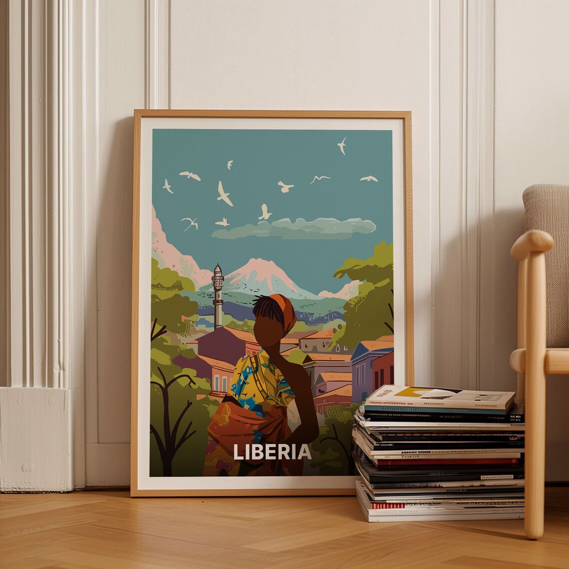 Liberia West Africa Woman Headwrap Village Minaret Travel Poster