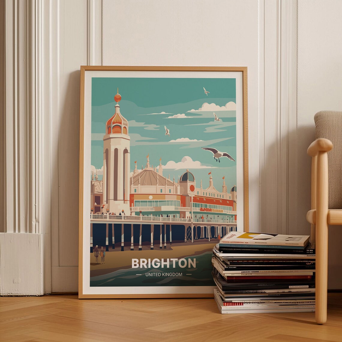 Brighton UK Palace Pier Seagull Beach Vintage Retro Travel Poster