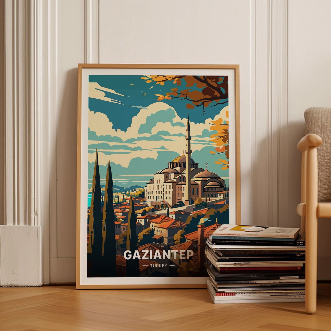 Gaziantep Turkey Ottoman Mosque Domes Cypress Vintage Travel Poster