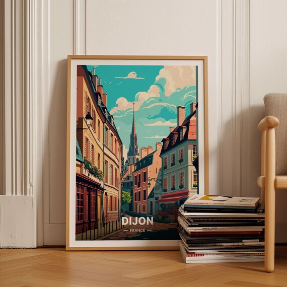 Dijon France Historic Street Cobblestone Church Spire Vintage Travel Poster