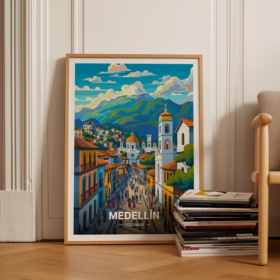 Medellin Colombia Colorful Colonial Street Vintage Travel Poster