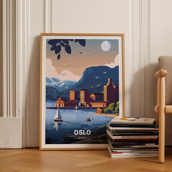 Oslo Norway Travel Poster Fjord Waterfront Sailboats Moonlit Sky Art