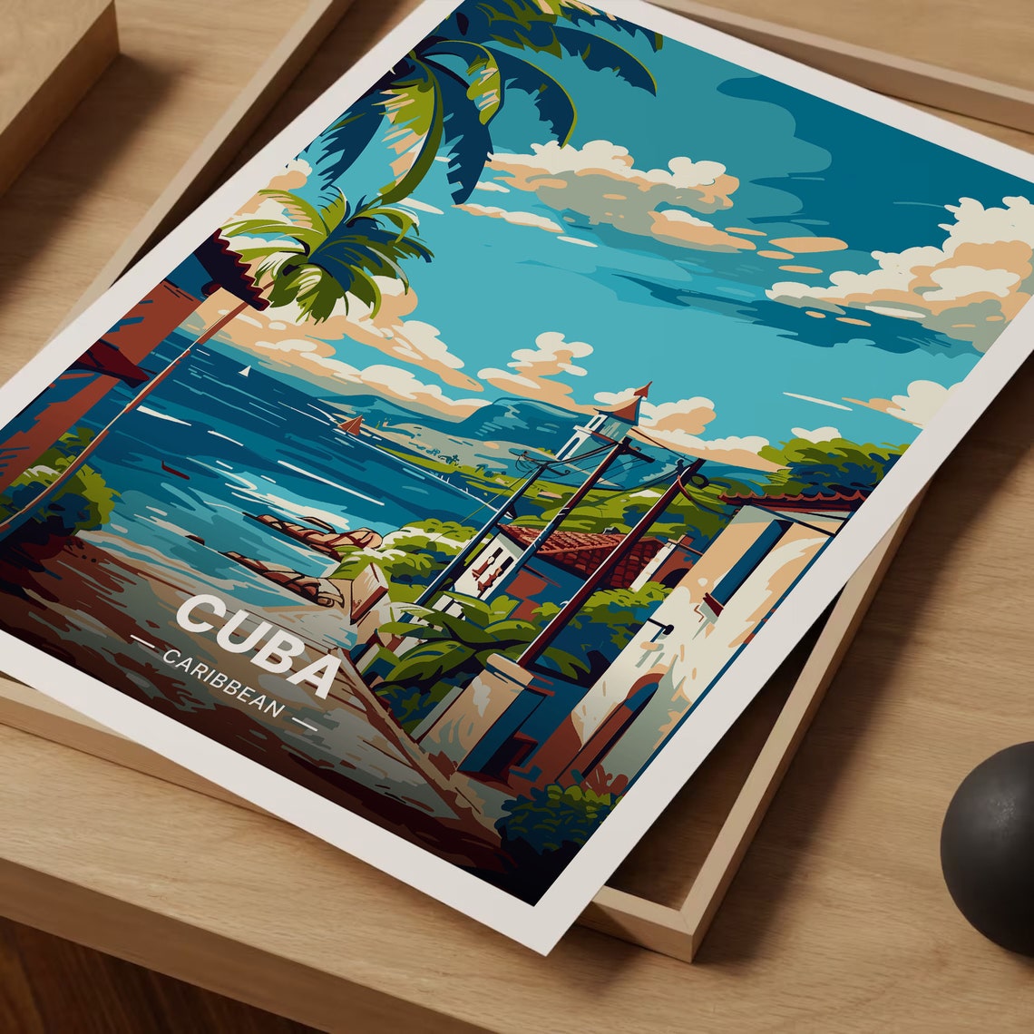 Cuba Caribbean Tropical Coastal Street Palm Trees Travel Poster - Image 3
