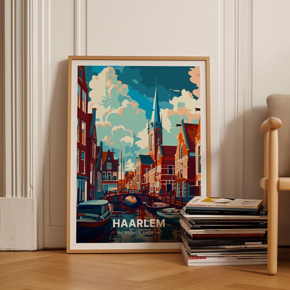 Haarlem Netherlands Canal Bridge Vintage Dutch Travel Poster