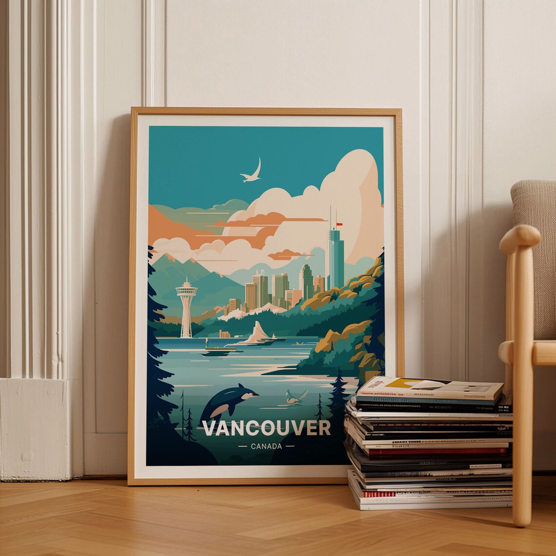 Vancouver Canada Harbor Mountains Orca Whale Scene Travel Poster