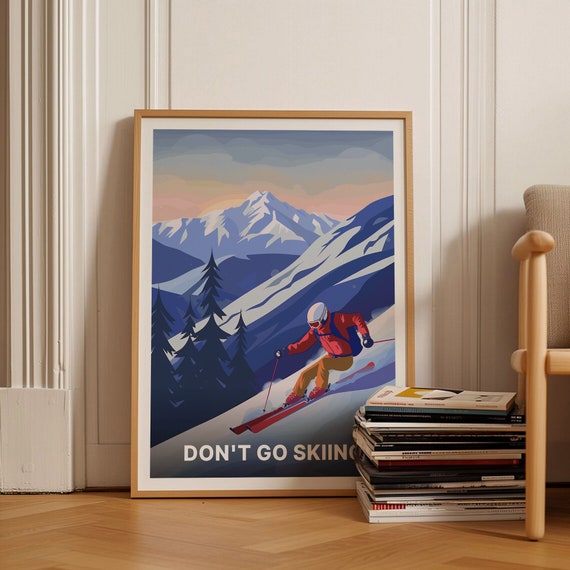 Ski Resort Travel Poster Outdoor Adventure Art Skiing Mishap Mountaineering Decor April Fools Gift C20 1768