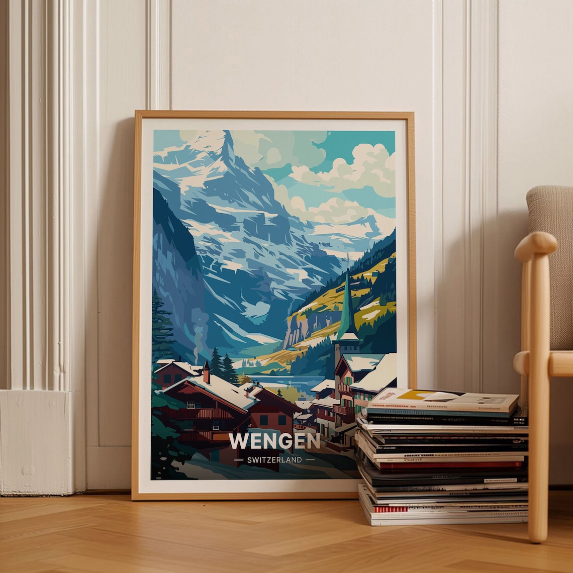 Swiss Alps Wengen Travel Poster, Mountain Scenery