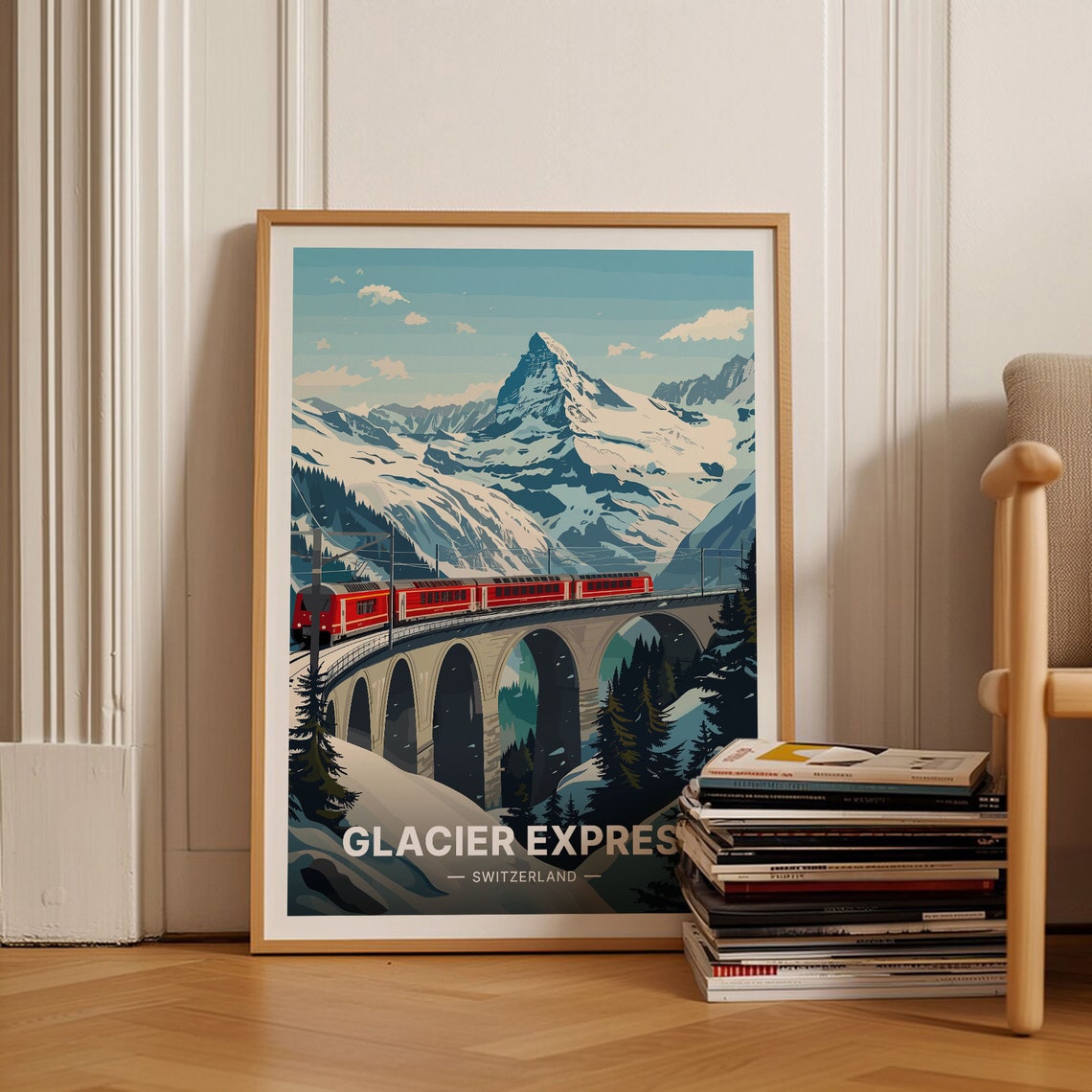 Glacier Express Switzerland Red Train Bridge Matterhorn Travel Poster