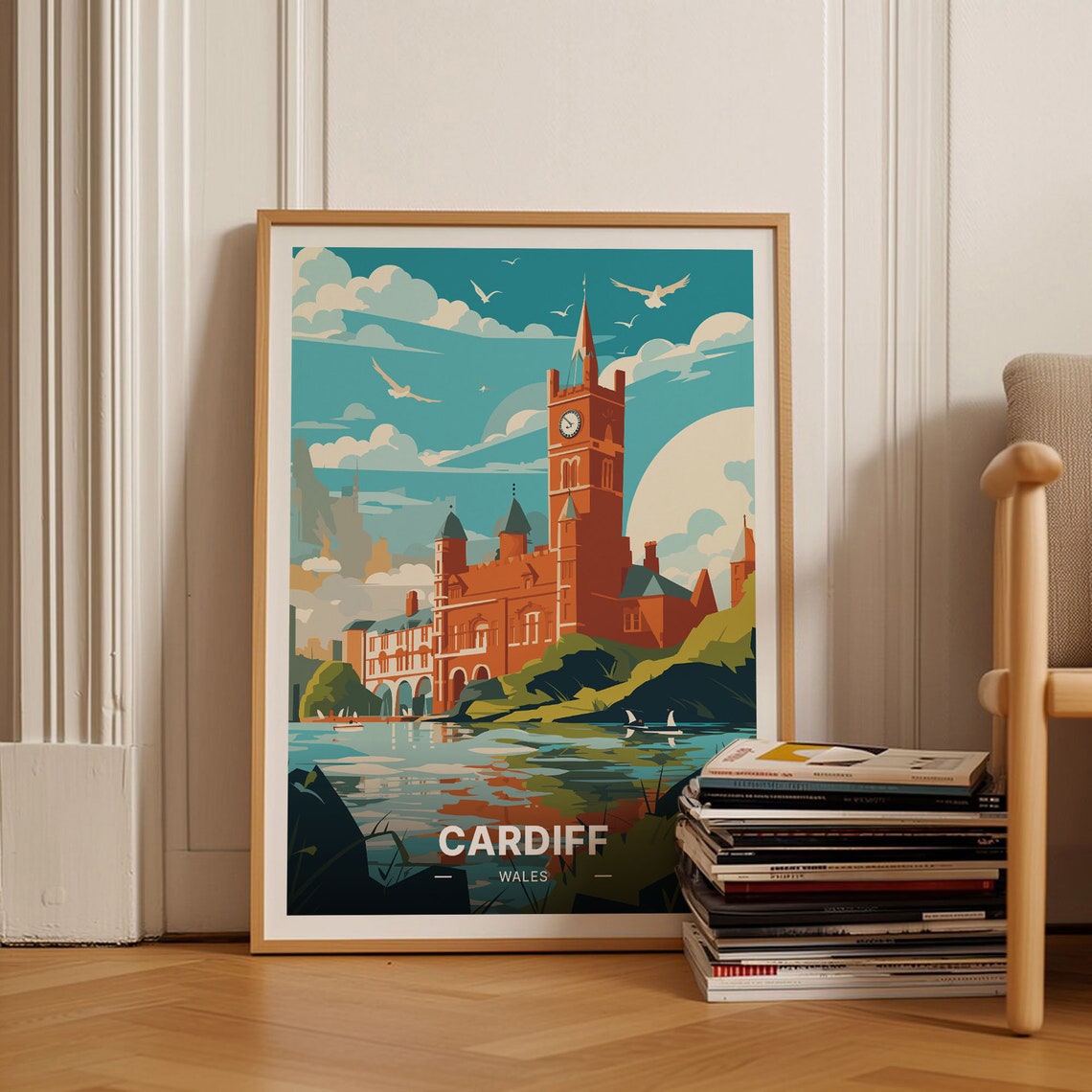 Cardiff Wales Red Castle Water Swans Retro Vintage Travel Poster