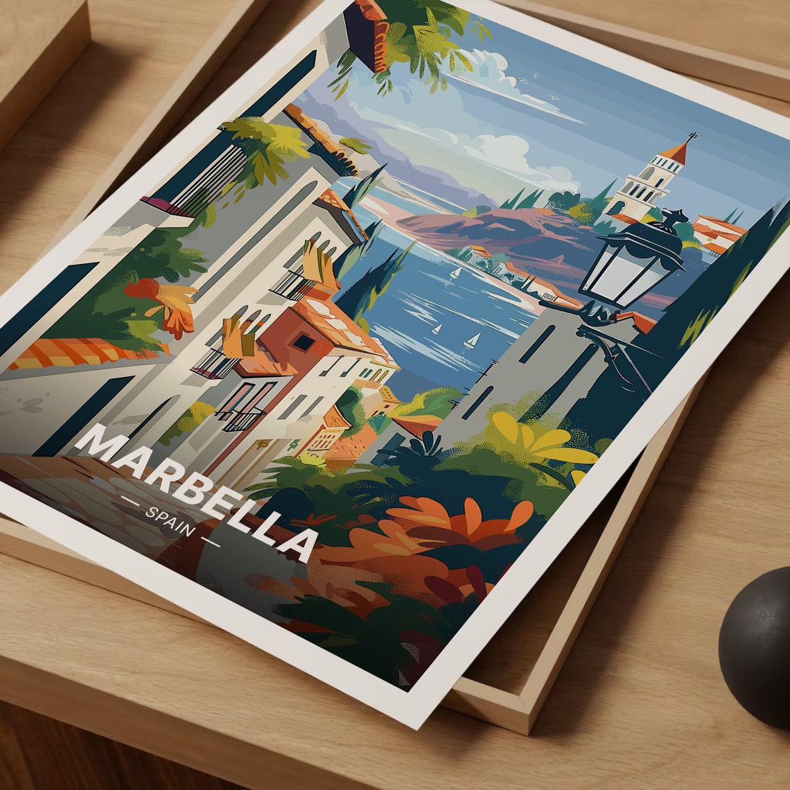 Marbella Spain Sunlit Old Town Church Tower Bay View Travel Poster - Image 3