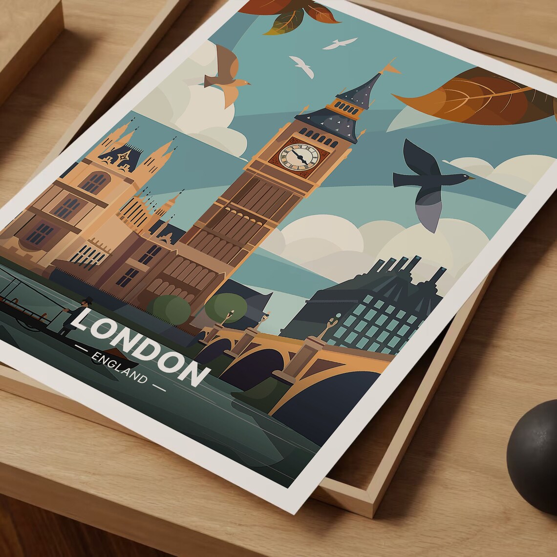 London England Big Ben Westminster Autumn Birds Vintage Travel Poster - Image 3