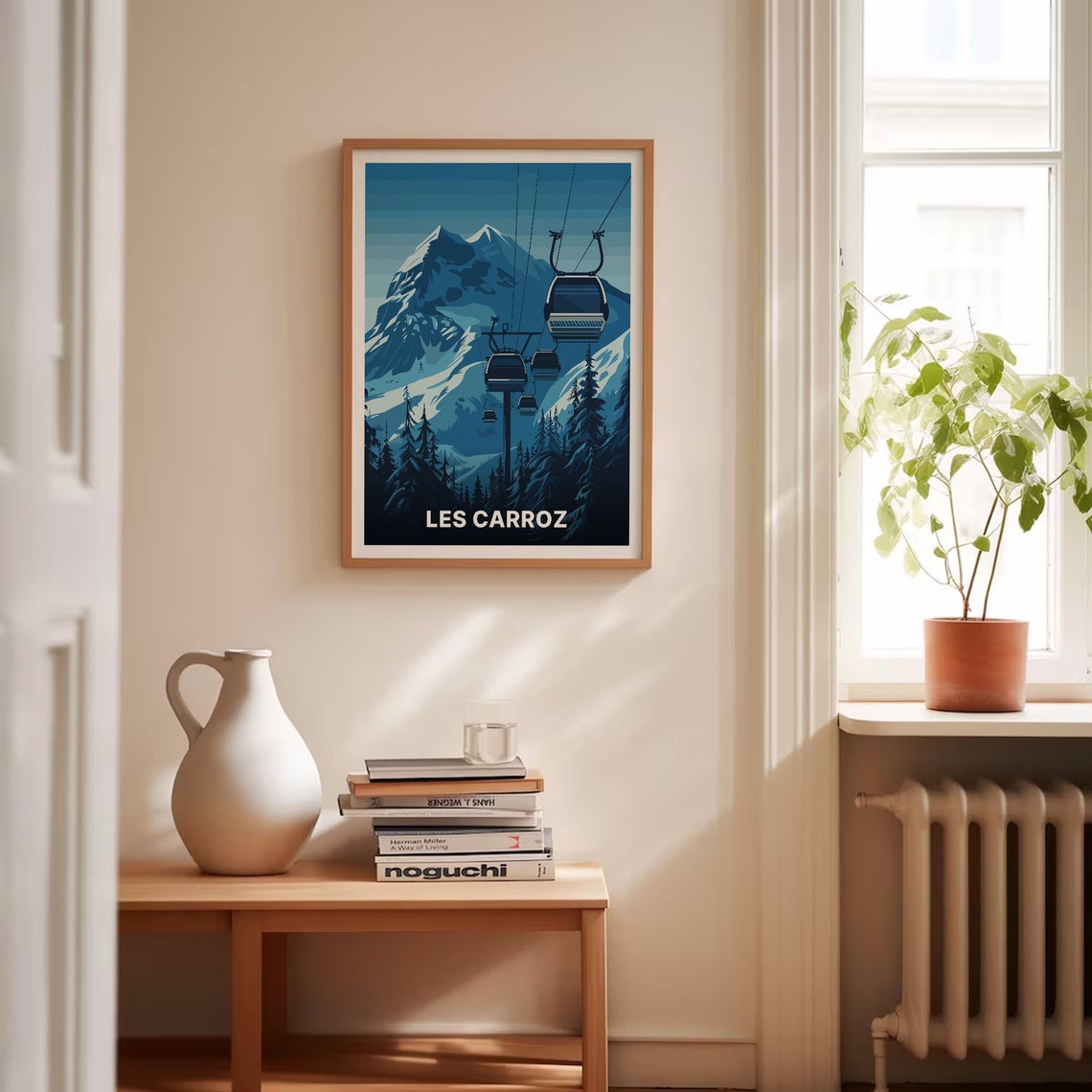 Les Carroz French Alps Gondola Night Snowy Peaks Retro Ski Poster - Image 4