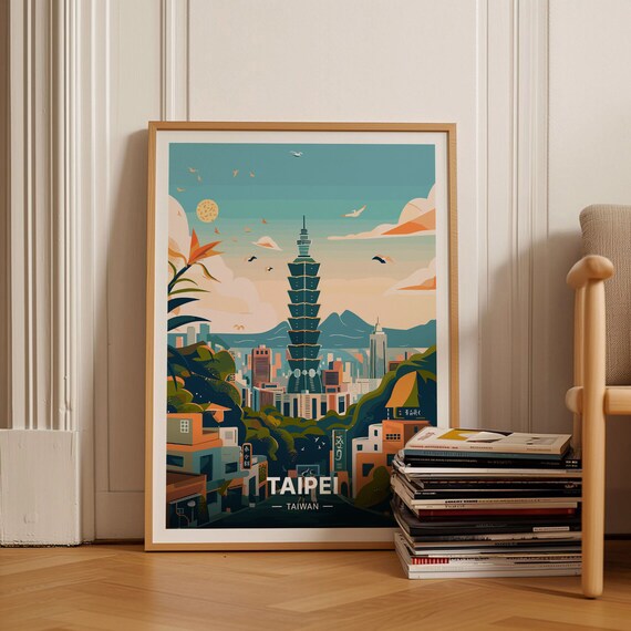 Taipei 101 Taiwan City Skyline Mountains Vintage Travel Poster