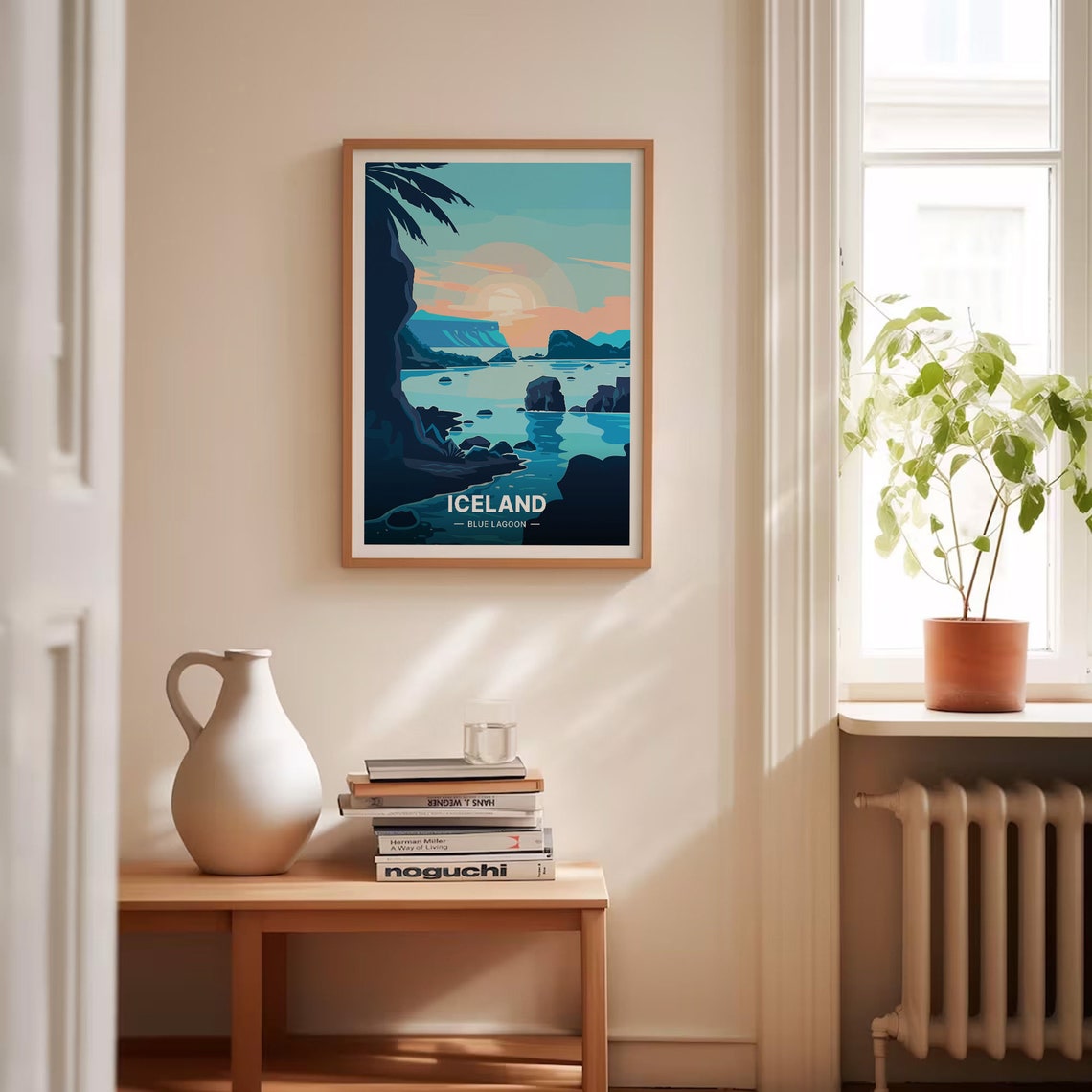 Iceland Blue Lagoon Sunset Coastal Cliffs Illustrated Travel Poster - Image 4