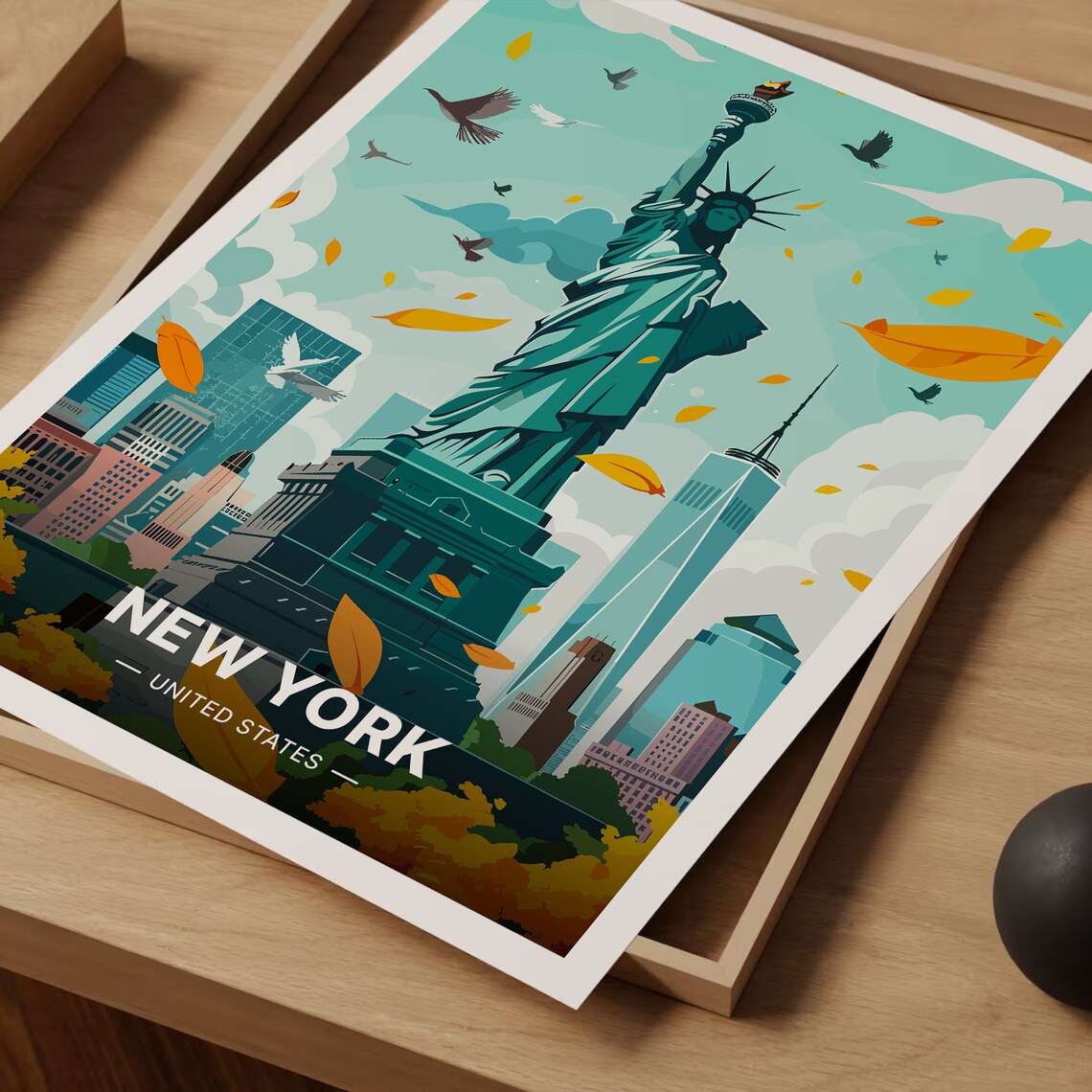 New York Statue of Liberty Vintage Travel Poster Autumn Skyline Art - Image 3