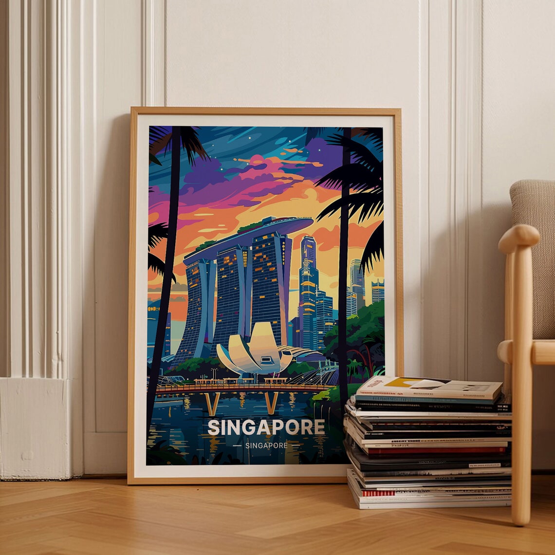 Singapore Marina Bay Sands Sunset Skyline City Lights Travel Poster