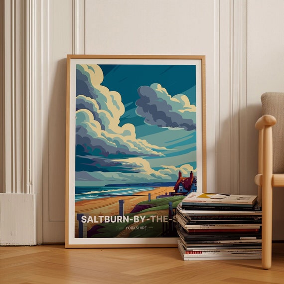 Saltburn by the Sea Yorkshire Beach Dramatic Clouds Travel Poster