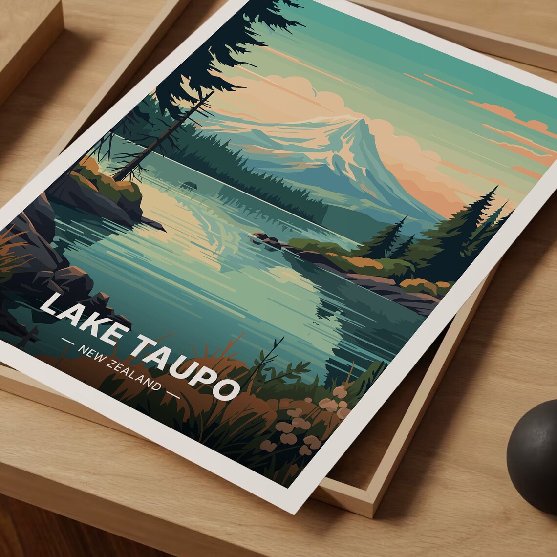 Lake Taupo New Zealand Snow Capped Peak Lakeside Travel Poster - Image 3