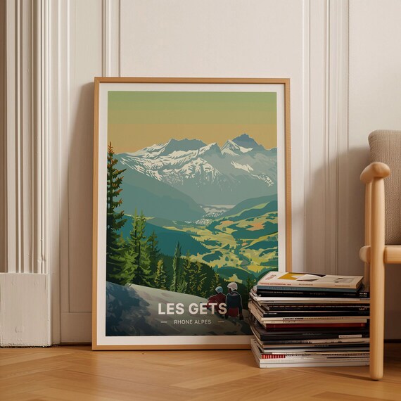 French Alps Skiing Retro Travel Poster, Les Gets